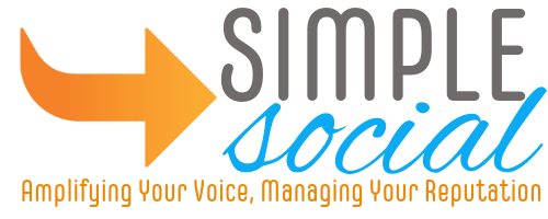 Logo of Simple Social with an orange arrow pointing right, symbolizing forward motion, next to the words 'Simple Social' in blue, with the tagline 'Amplifying Your Voice, Managing Your Reputation' underneath.